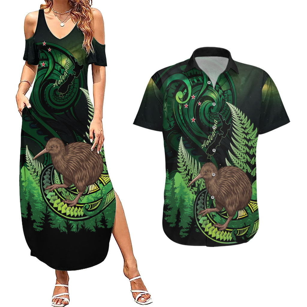 Kiwi New Zealand Personalised Couples Matching Summer Maxi Dress and Hawaiian Shirt Aotearoa Map Silver Fern Koru Pattern LT22 Green - Polynesian Pride