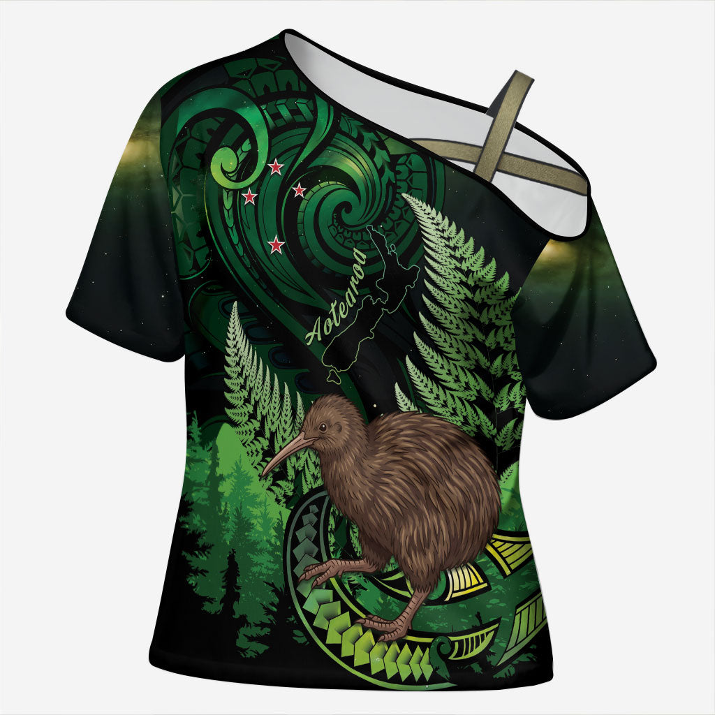 Kiwi New Zealand Personalised Cross Shoulder Shirt Aotearoa Map Silver Fern Koru Pattern LT22 Female Green - Polynesian Pride