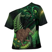 Kiwi New Zealand Personalised Cross Shoulder Shirt Aotearoa Map Silver Fern Koru Pattern LT22 - Polynesian Pride