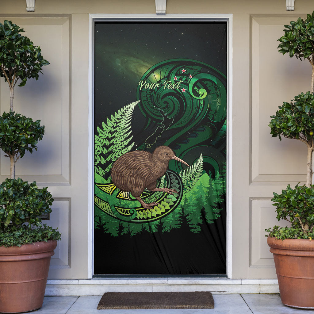 Kiwi New Zealand Personalised Door Cover Aotearoa Map Silver Fern Koru Pattern LT22 Green - Polynesian Pride