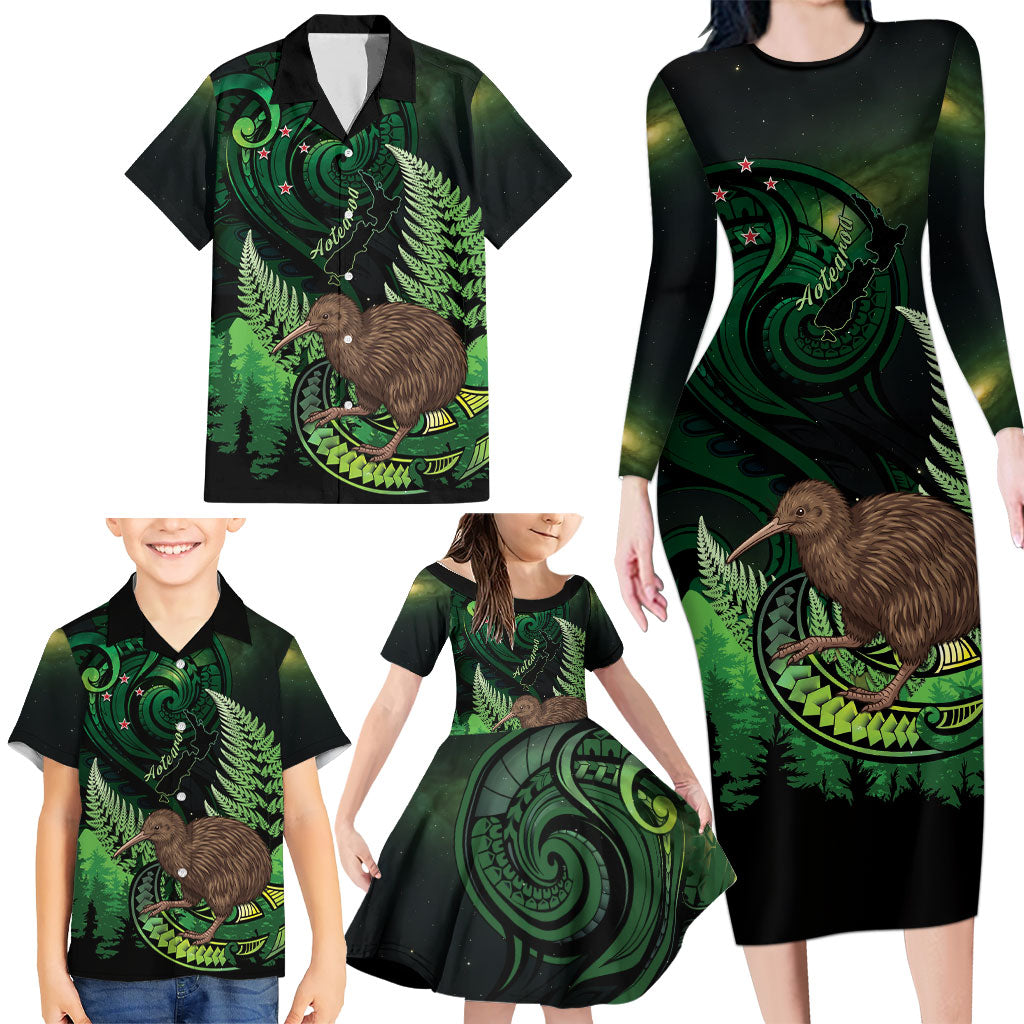 Kiwi New Zealand Personalised Family Matching Long Sleeve Bodycon Dress and Hawaiian Shirt Aotearoa Map Silver Fern Koru Pattern LT22 - Polynesian Pride