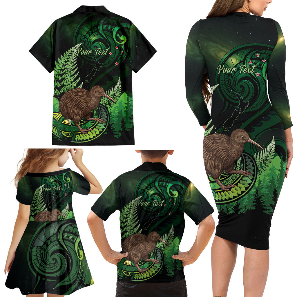 Kiwi New Zealand Personalised Family Matching Long Sleeve Bodycon Dress and Hawaiian Shirt Aotearoa Map Silver Fern Koru Pattern