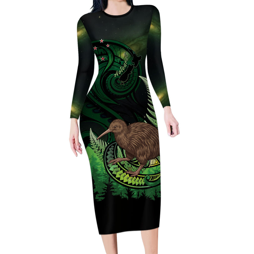 Kiwi New Zealand Personalised Family Matching Long Sleeve Bodycon Dress and Hawaiian Shirt Aotearoa Map Silver Fern Koru Pattern