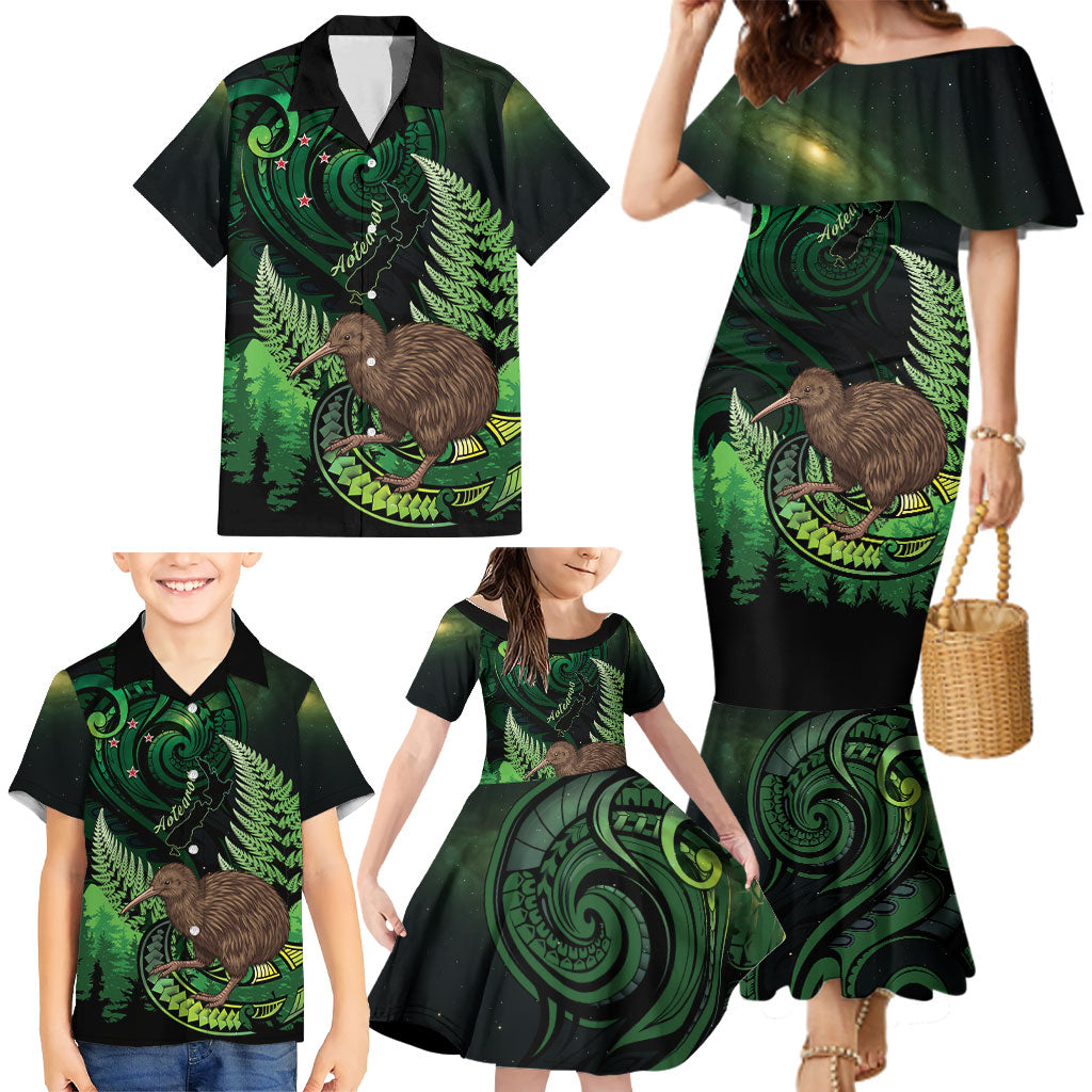 Kiwi New Zealand Personalised Family Matching Mermaid Dress and Hawaiian Shirt Aotearoa Map Silver Fern Koru Pattern LT22 - Polynesian Pride