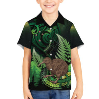 Kiwi New Zealand Personalised Family Matching Off The Shoulder Long Sleeve Dress and Hawaiian Shirt Aotearoa Map Silver Fern Koru Pattern