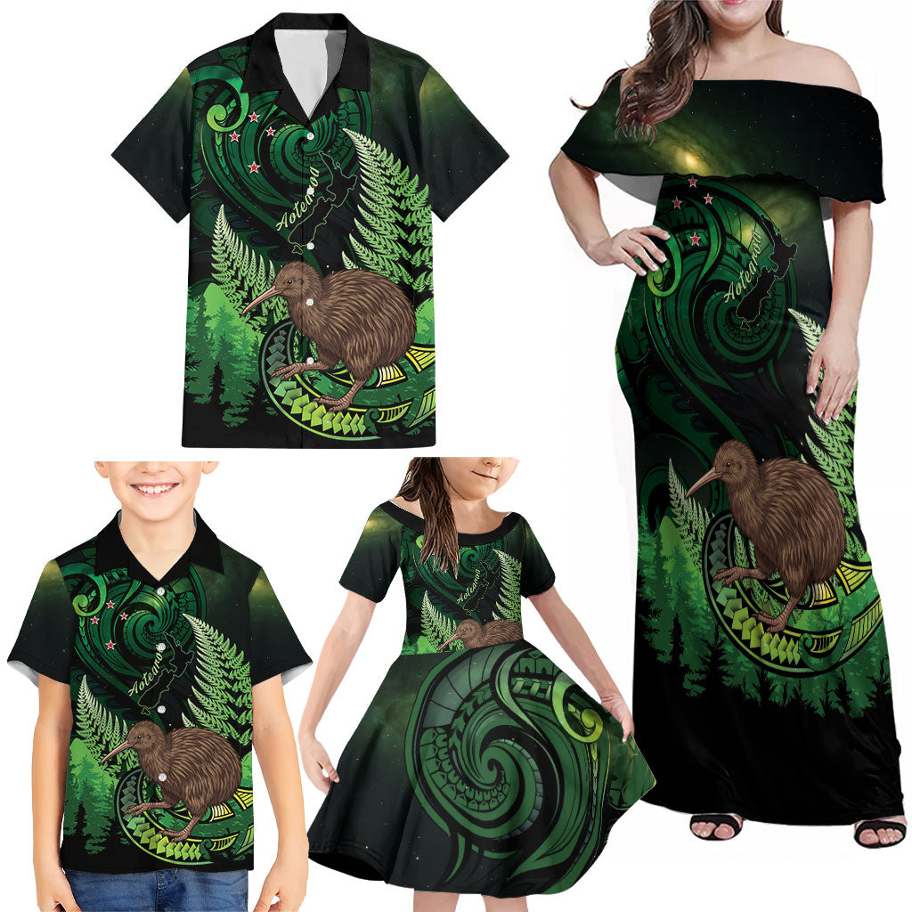 Kiwi New Zealand Personalised Family Matching Off Shoulder Maxi Dress and Hawaiian Shirt Aotearoa Map Silver Fern Koru Pattern