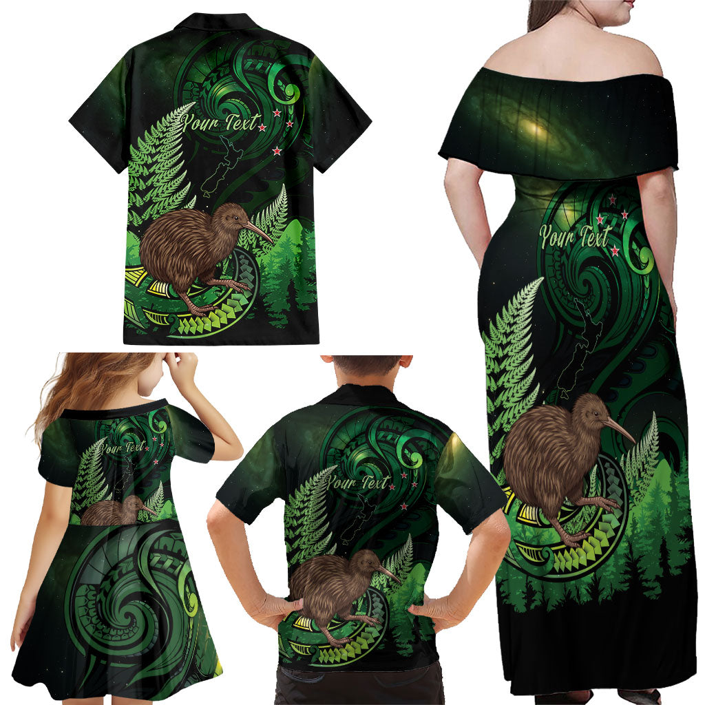 Kiwi New Zealand Personalised Family Matching Off Shoulder Maxi Dress and Hawaiian Shirt Aotearoa Map Silver Fern Koru Pattern