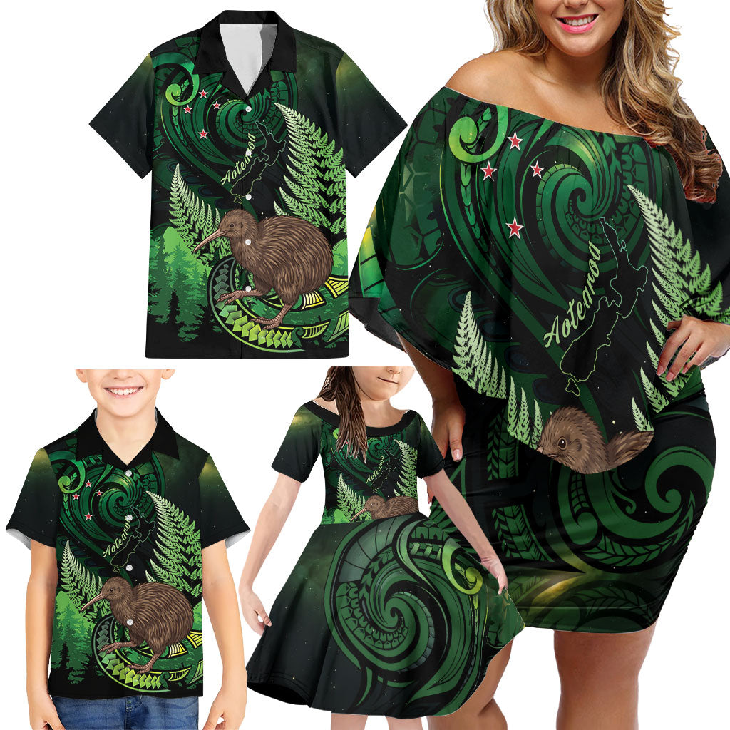Kiwi New Zealand Personalised Family Matching Off Shoulder Short Dress and Hawaiian Shirt Aotearoa Map Silver Fern Koru Pattern LT22 - Polynesian Pride