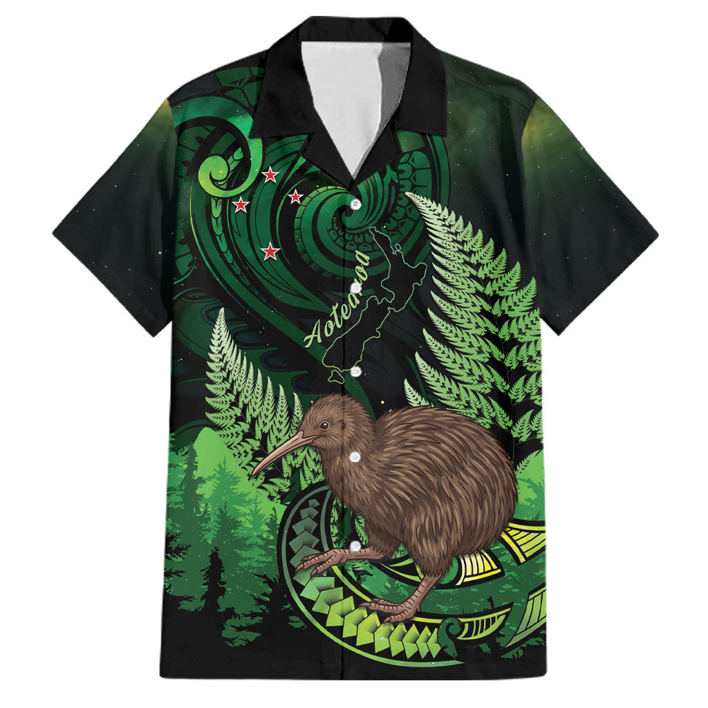 Kiwi New Zealand Personalised Family Matching Off Shoulder Short Dress and Hawaiian Shirt Aotearoa Map Silver Fern Koru Pattern