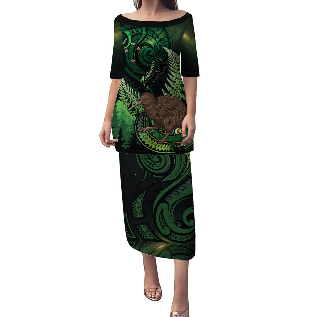 Kiwi New Zealand Personalised Family Matching Puletasi and Hawaiian Shirt Aotearoa Map Silver Fern Koru Pattern