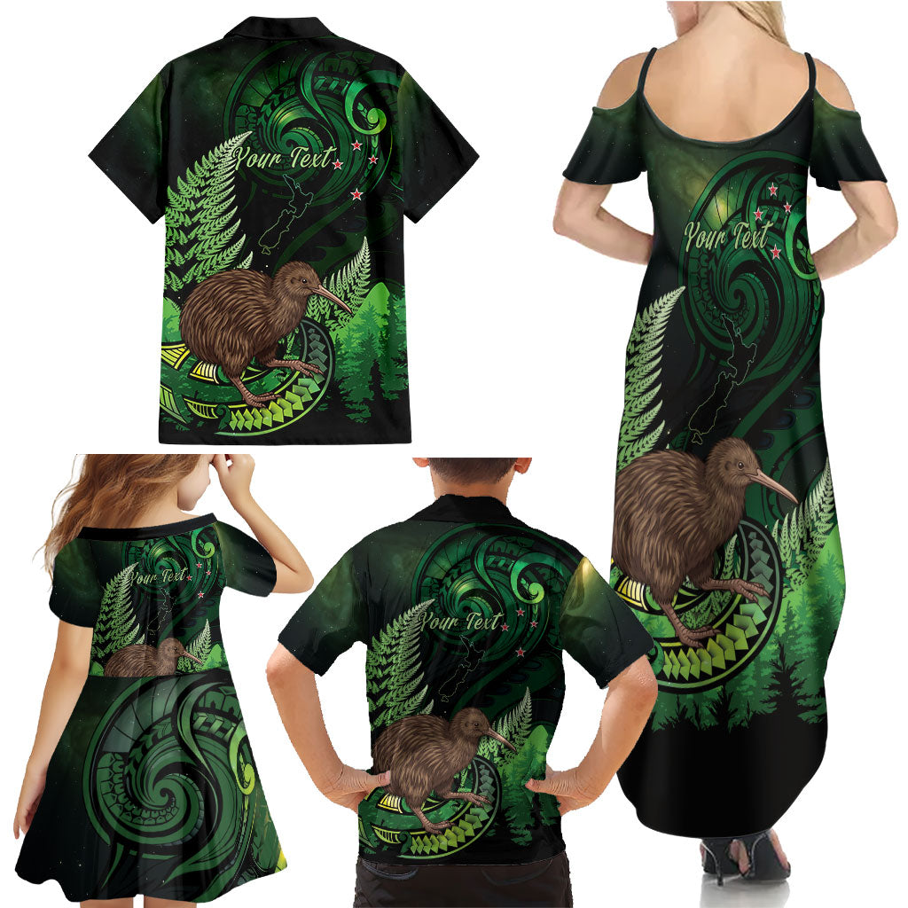 Kiwi New Zealand Personalised Family Matching Summer Maxi Dress and Hawaiian Shirt Aotearoa Map Silver Fern Koru Pattern