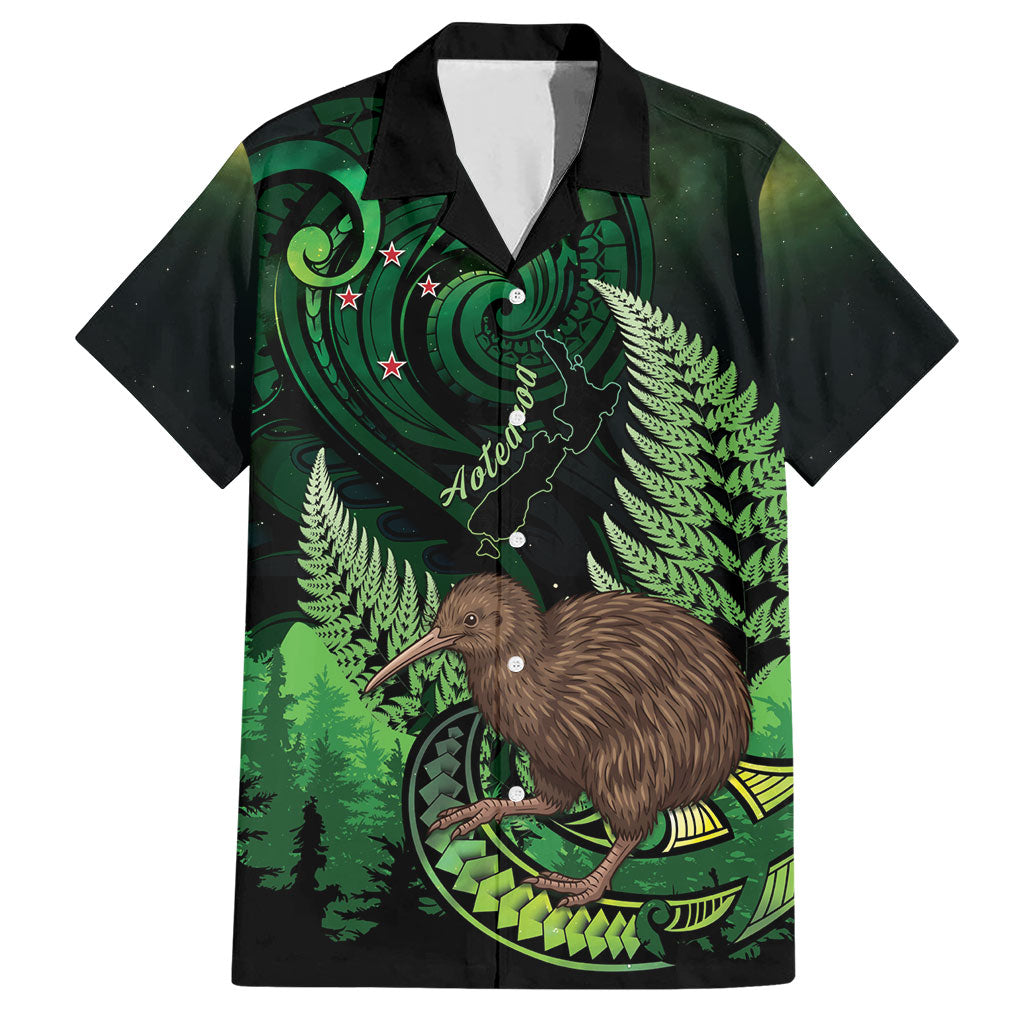 Kiwi New Zealand Personalised Hawaiian Shirt Aotearoa Map Silver Fern Koru Pattern LT22 Green - Polynesian Pride