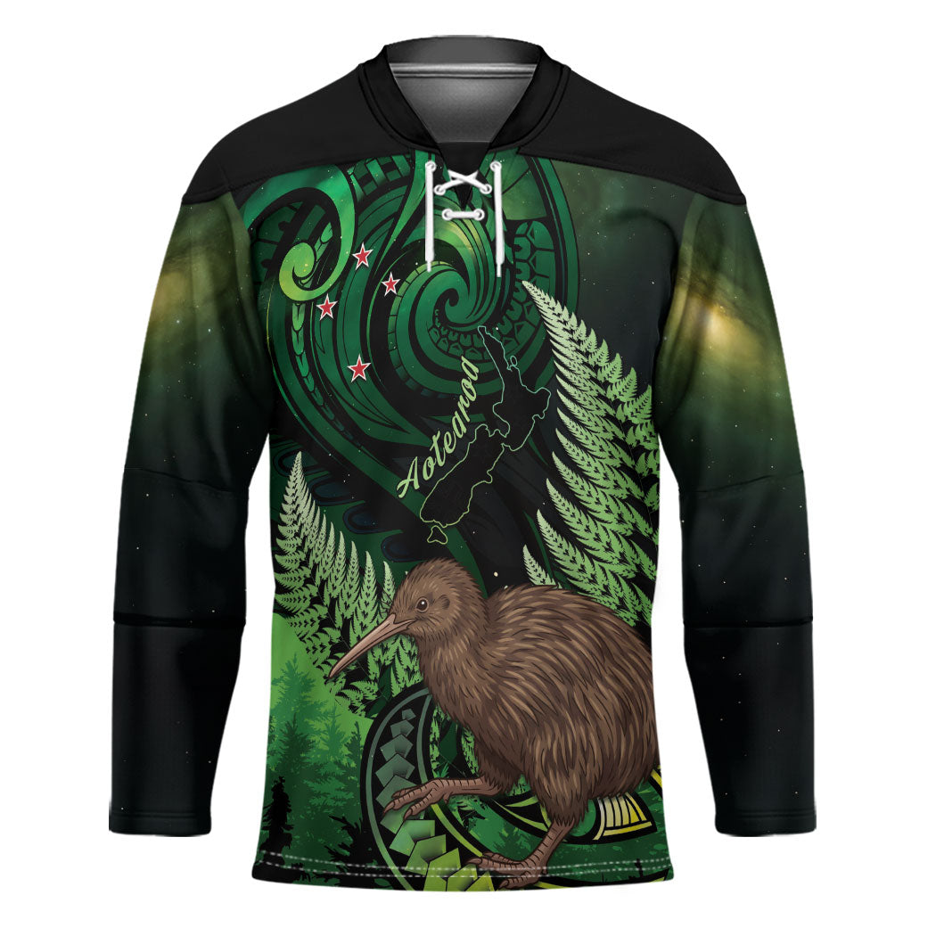 Kiwi New Zealand Personalised Hockey Jersey Aotearoa Map Silver Fern Koru Pattern LT22 Unisex Green - Polynesian Pride
