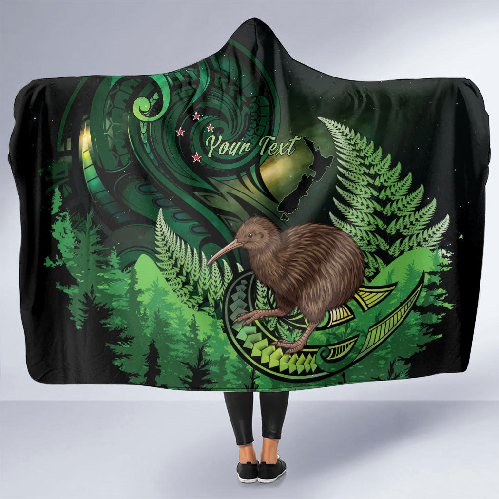 Kiwi New Zealand Personalised Hooded Blanket Aotearoa Map Silver Fern Koru Pattern LT22 One Size Green - Polynesian Pride