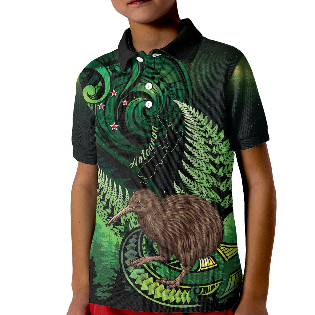 Kiwi New Zealand Personalised Kid Polo Shirt Aotearoa Map Silver Fern Koru Pattern LT22 Kid Green - Polynesian Pride