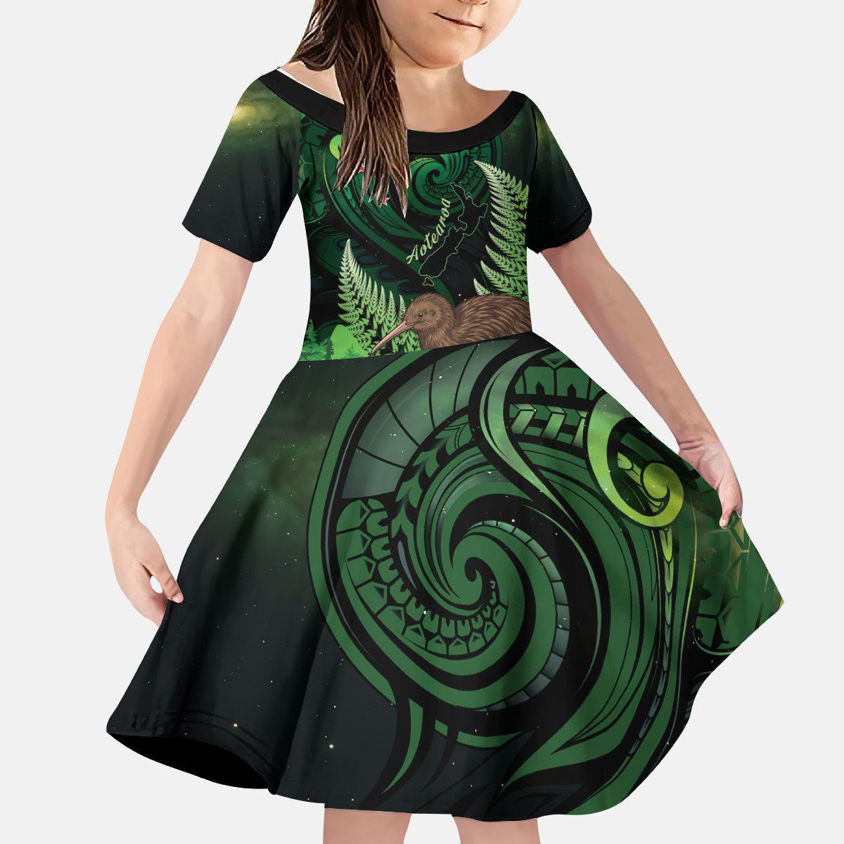 Kiwi New Zealand Personalised Kid Short Sleeve Dress Aotearoa Map Silver Fern Koru Pattern LT22 KID Green - Polynesian Pride