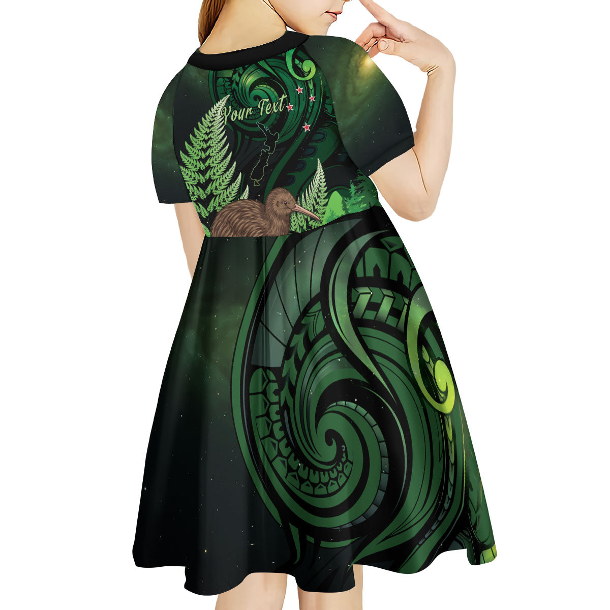 Kiwi New Zealand Personalised Kid Short Sleeve Dress Aotearoa Map Silver Fern Koru Pattern LT22 - Polynesian Pride