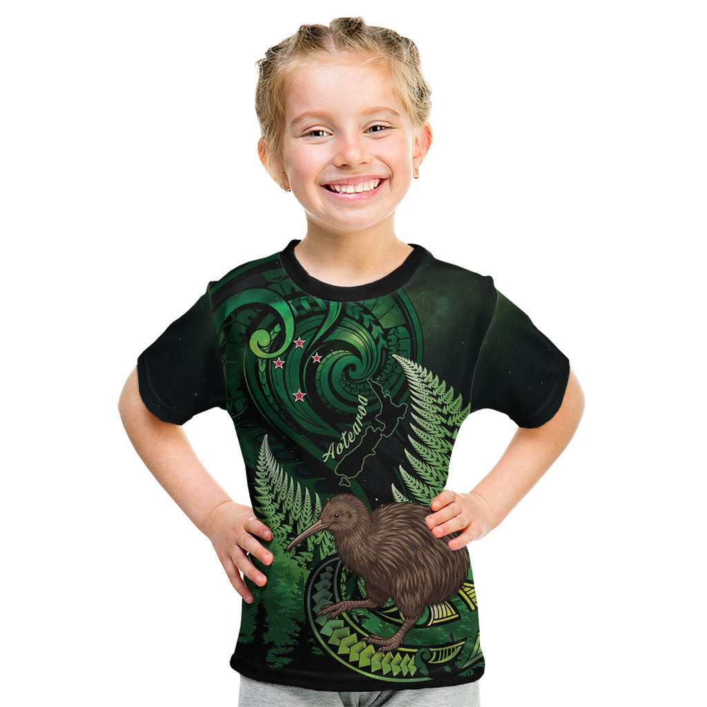 Kiwi New Zealand Personalised Kid T Shirt Aotearoa Map Silver Fern Koru Pattern