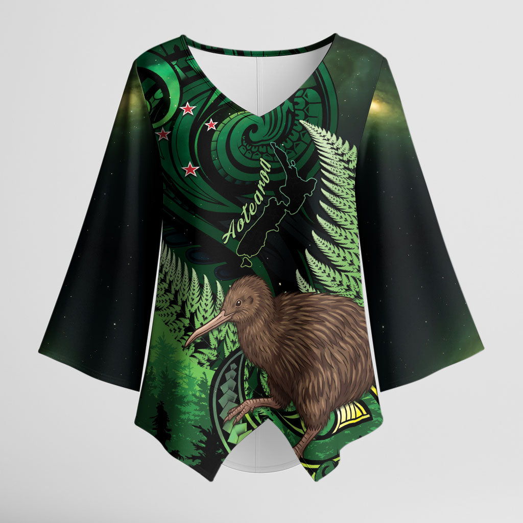 Kiwi New Zealand Personalised Kimono Sleeve Blouse Aotearoa Map Silver Fern Koru Pattern LT22 Female Green - Polynesian Pride