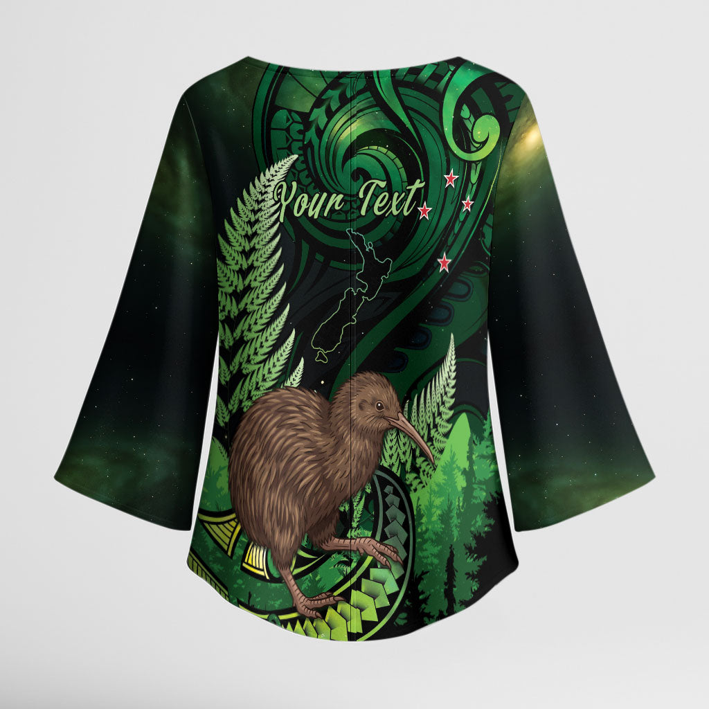 Kiwi New Zealand Personalised Kimono Sleeve Blouse Aotearoa Map Silver Fern Koru Pattern LT22 - Polynesian Pride