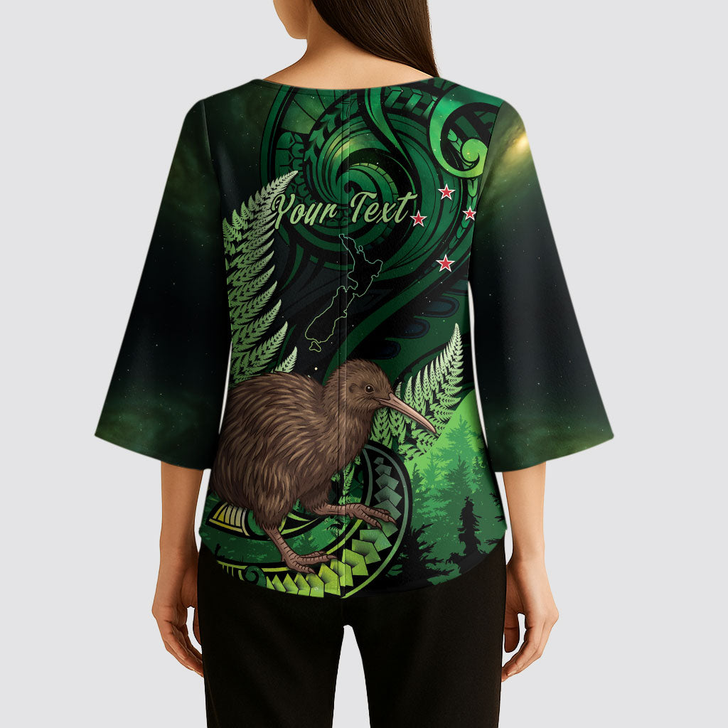 Kiwi New Zealand Personalised Kimono Sleeve Blouse Aotearoa Map Silver Fern Koru Pattern LT22 - Polynesian Pride