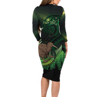 Kiwi New Zealand Personalised Long Sleeve Bodycon Dress Aotearoa Map Silver Fern Koru Pattern LT22 - Polynesian Pride