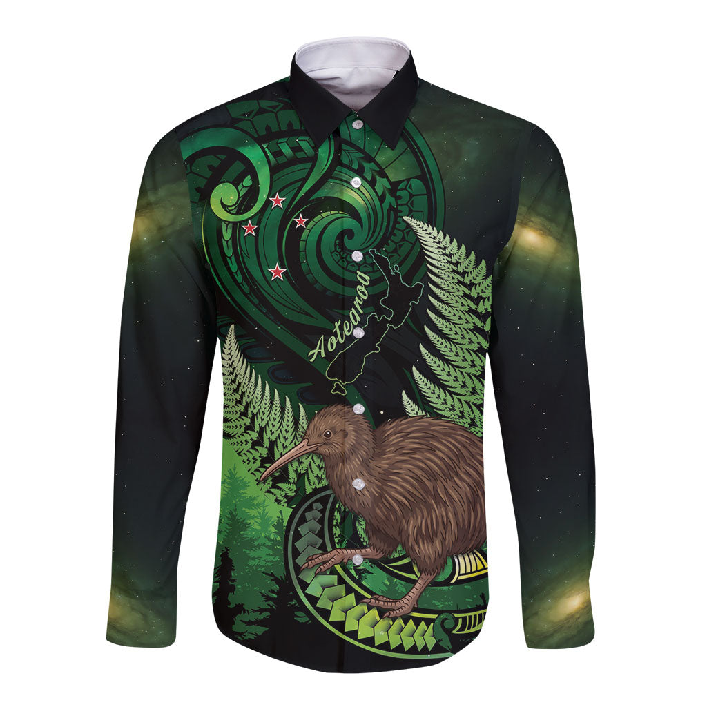 Kiwi New Zealand Personalised Long Sleeve Button Shirt Aotearoa Map Silver Fern Koru Pattern LT22 Unisex Green - Polynesian Pride