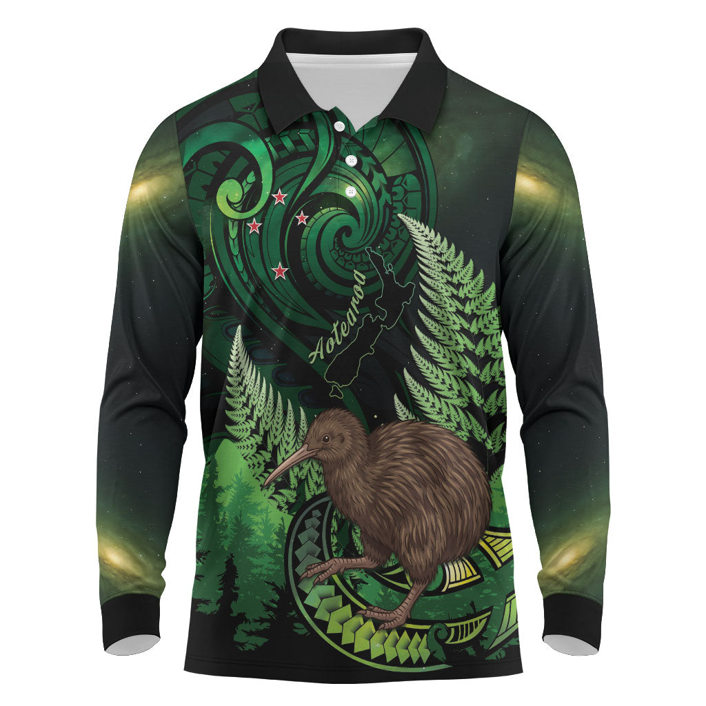 Kiwi New Zealand Personalised Long Sleeve Polo Shirt Aotearoa Map Silver Fern Koru Pattern LT22 Green - Polynesian Pride