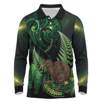 Kiwi New Zealand Personalised Long Sleeve Polo Shirt Aotearoa Map Silver Fern Koru Pattern LT22 Green - Polynesian Pride