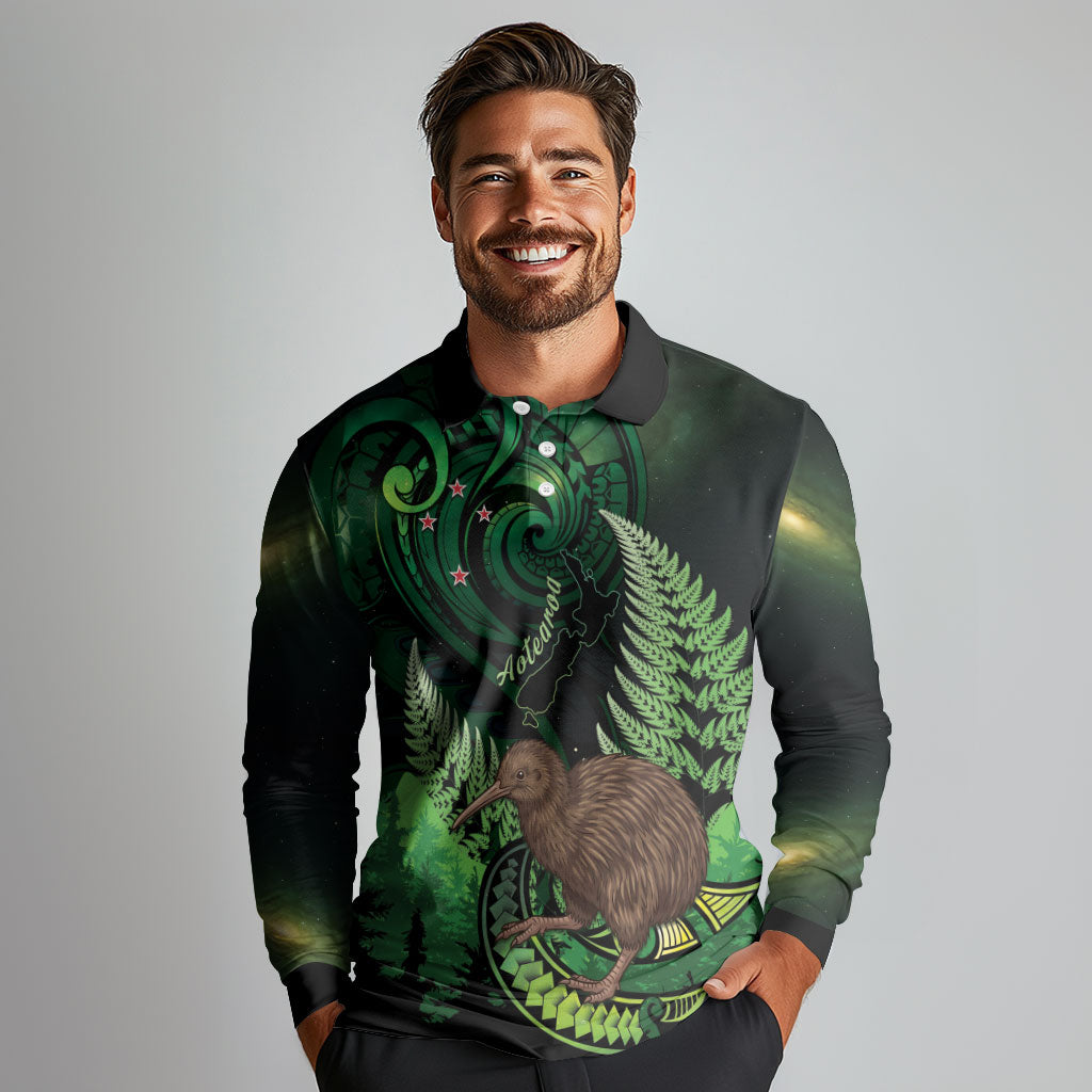 Kiwi New Zealand Personalised Long Sleeve Polo Shirt Aotearoa Map Silver Fern Koru Pattern LT22 - Polynesian Pride