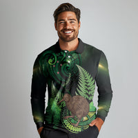 Kiwi New Zealand Personalised Long Sleeve Polo Shirt Aotearoa Map Silver Fern Koru Pattern LT22 - Polynesian Pride