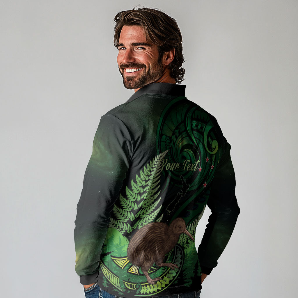 Kiwi New Zealand Personalised Long Sleeve Polo Shirt Aotearoa Map Silver Fern Koru Pattern LT22 - Polynesian Pride