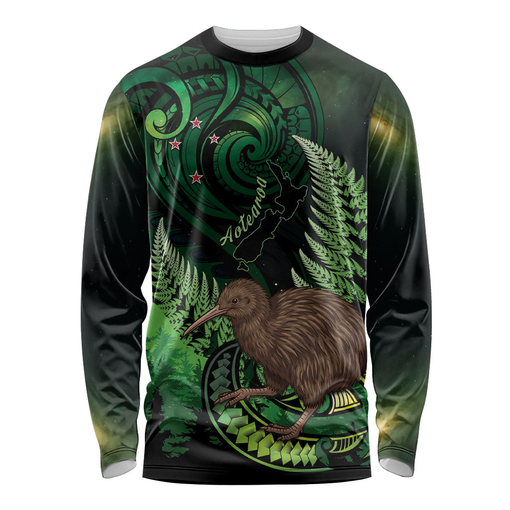 Kiwi New Zealand Personalised Long Sleeve Shirt Aotearoa Map Silver Fern Koru Pattern LT22 Unisex Green - Polynesian Pride