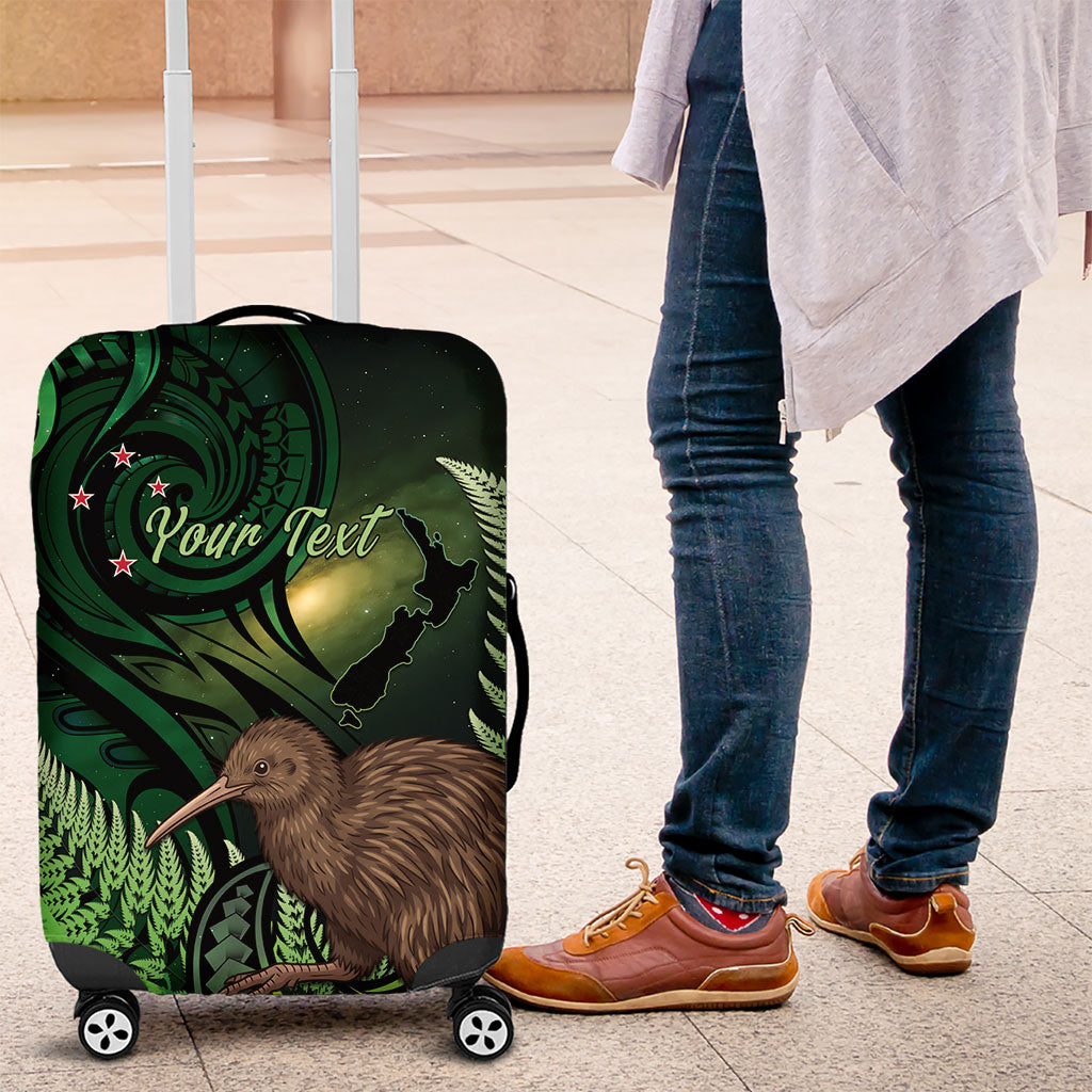 Kiwi New Zealand Personalised Luggage Cover Aotearoa Map Silver Fern Koru Pattern LT22 Green - Polynesian Pride