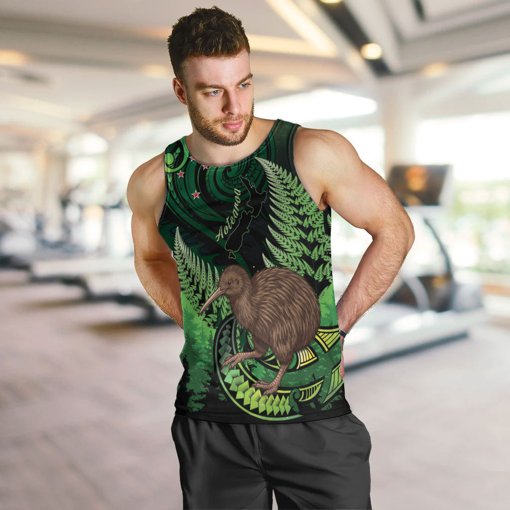 Kiwi New Zealand Personalised Men Tank Top Aotearoa Map Silver Fern Koru Pattern LT22 Green - Polynesian Pride