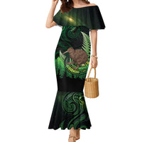 Kiwi New Zealand Personalised Mermaid Dress Aotearoa Map Silver Fern Koru Pattern LT22 Women Green - Polynesian Pride
