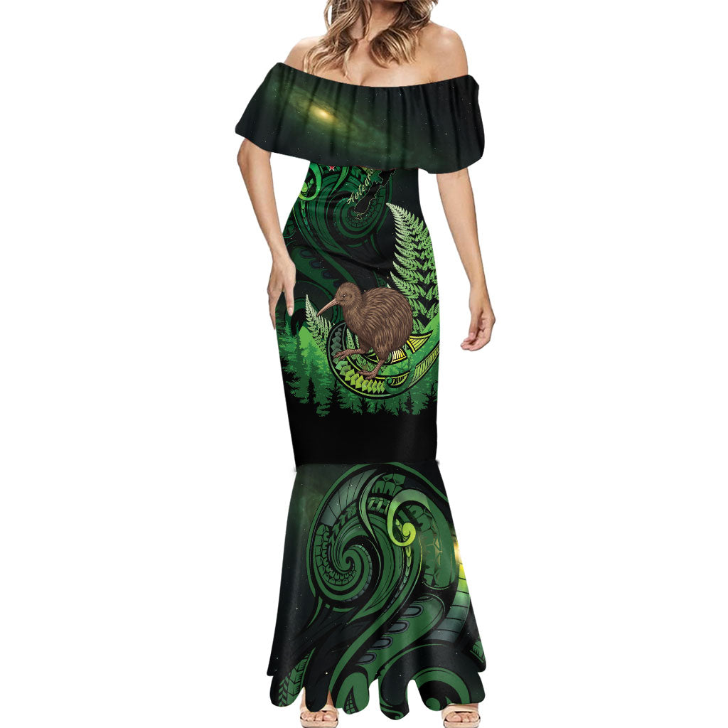 Kiwi New Zealand Personalised Mermaid Dress Aotearoa Map Silver Fern Koru Pattern LT22 - Polynesian Pride