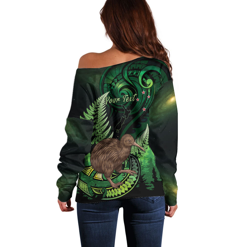 Kiwi New Zealand Personalised Off Shoulder Sweater Aotearoa Map Silver Fern Koru Pattern LT22 - Polynesian Pride
