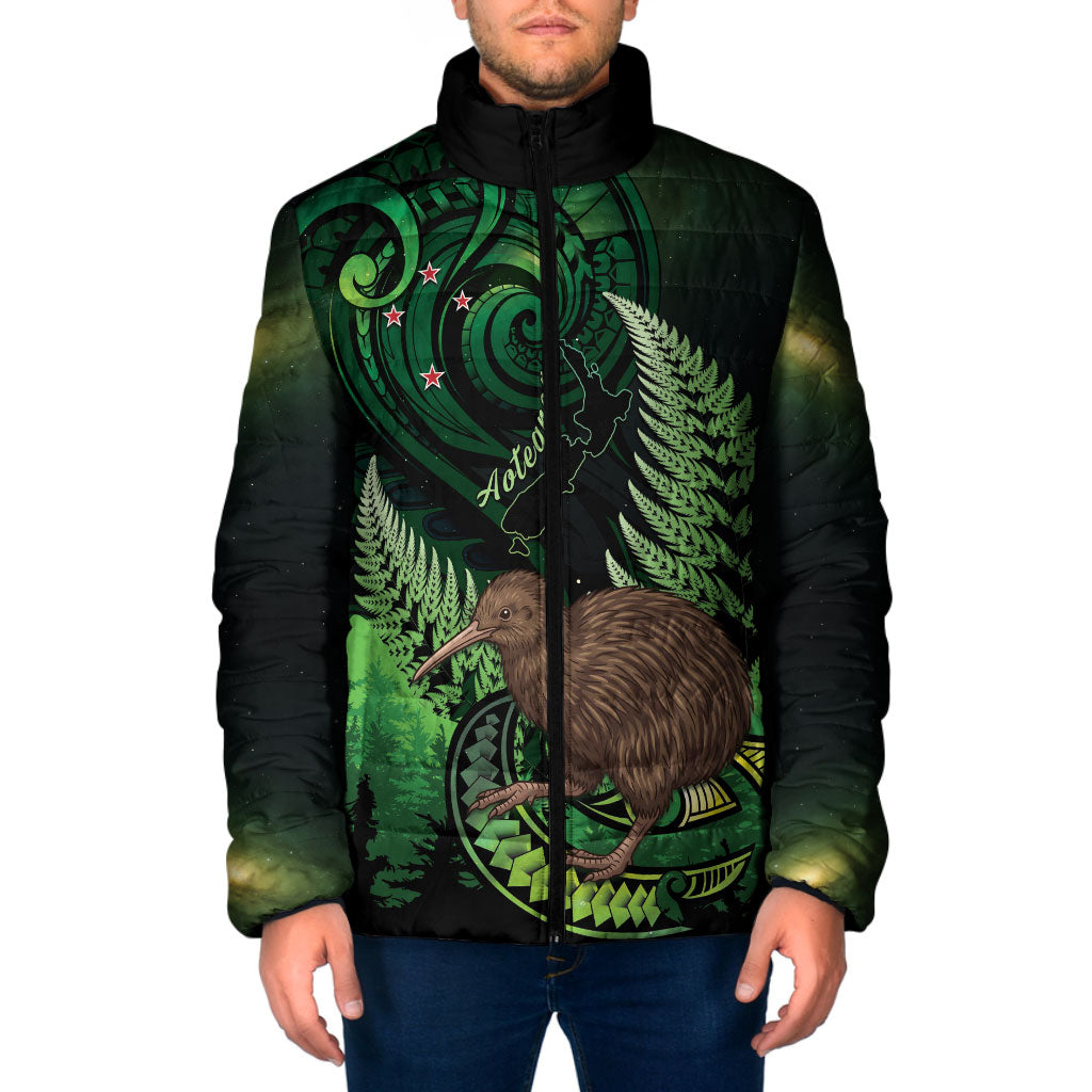 Kiwi New Zealand Personalised Padded Jacket Aotearoa Map Silver Fern Koru Pattern LT22 Men Green - Polynesian Pride