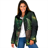 Kiwi New Zealand Personalised Padded Jacket Aotearoa Map Silver Fern Koru Pattern LT22 Women Green - Polynesian Pride
