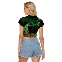 Kiwi New Zealand Personalised Raglan Cropped T Shirt Aotearoa Map Silver Fern Koru Pattern LT22 - Polynesian Pride