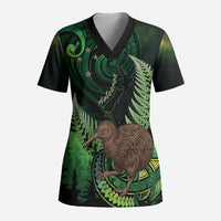 Kiwi New Zealand Personalised Scrub Top Aotearoa Map Silver Fern Koru Pattern LT22 Adult Green - Polynesian Pride