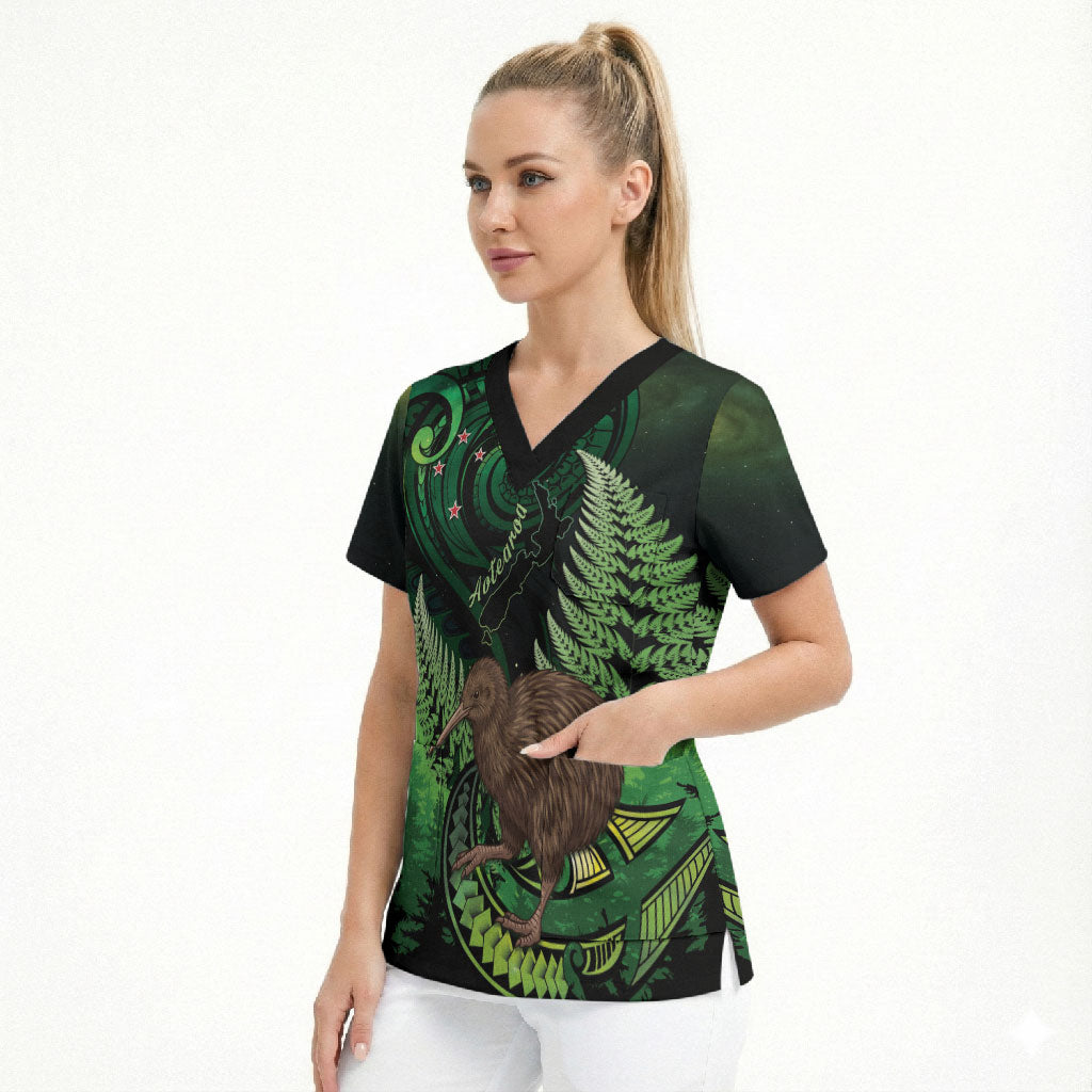 Kiwi New Zealand Personalised Scrub Top Aotearoa Map Silver Fern Koru Pattern LT22 - Polynesian Pride