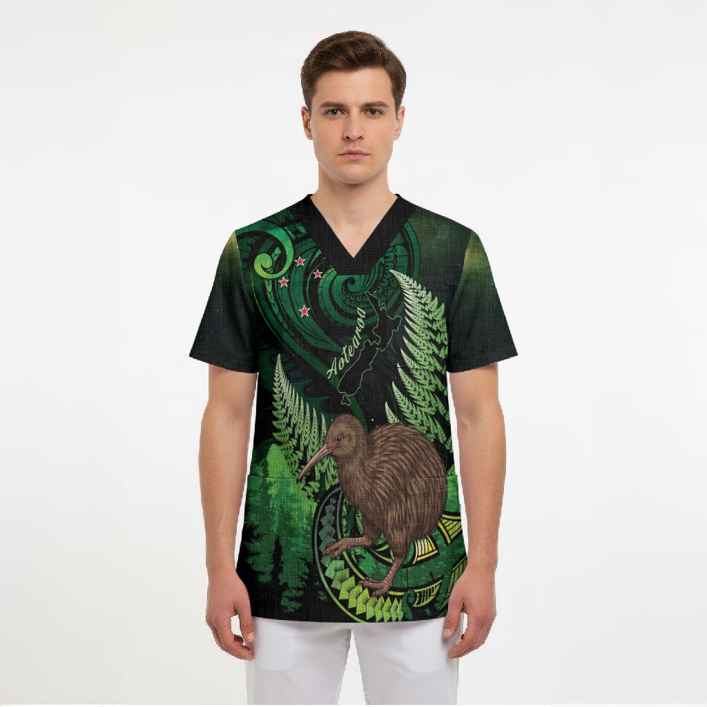 Kiwi New Zealand Personalised Scrub Top Aotearoa Map Silver Fern Koru Pattern LT22 - Polynesian Pride