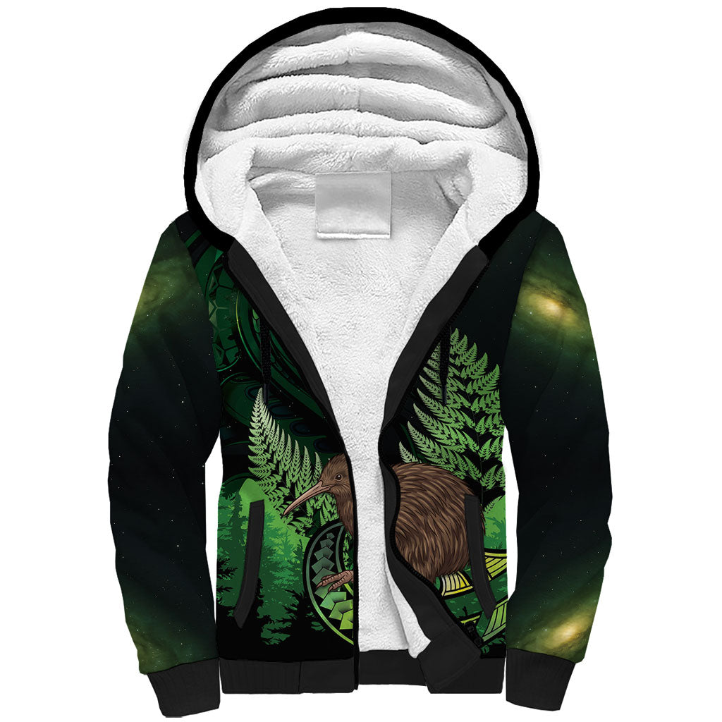 Kiwi New Zealand Personalised Sherpa Hoodie Aotearoa Map Silver Fern Koru Pattern LT22 Unisex Green - Polynesian Pride
