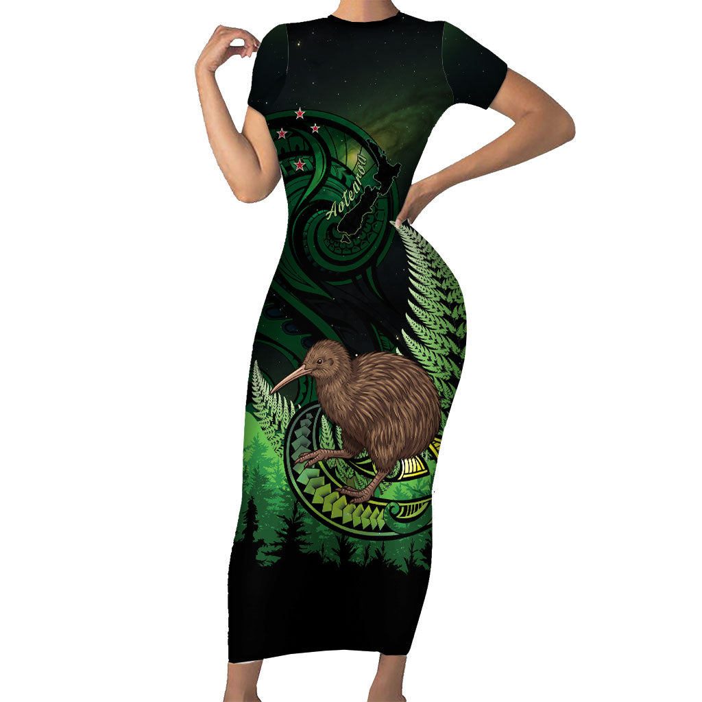 Kiwi New Zealand Personalised Short Sleeve Bodycon Dress Aotearoa Map Silver Fern Koru Pattern LT22 Long Dress Green - Polynesian Pride