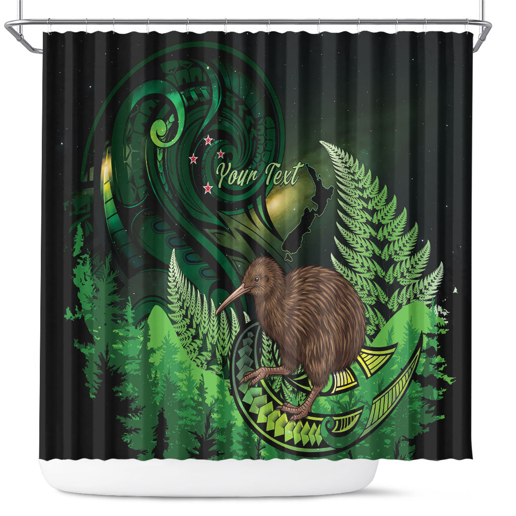 Kiwi New Zealand Personalised Shower Curtain Aotearoa Map Silver Fern Koru Pattern LT22 Green - Polynesian Pride