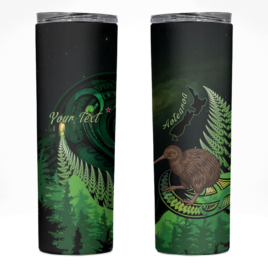 Kiwi New Zealand Personalised Skinny Tumbler Aotearoa Map Silver Fern Koru Pattern LT22 Green - Polynesian Pride
