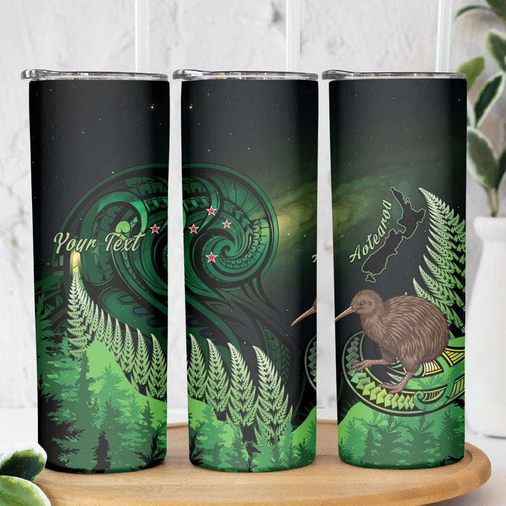 Kiwi New Zealand Personalised Skinny Tumbler Aotearoa Map Silver Fern Koru Pattern LT22 - Polynesian Pride