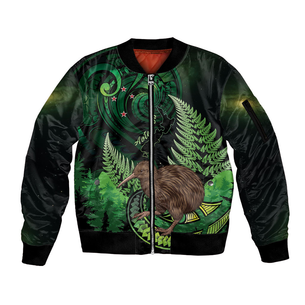 Kiwi New Zealand Personalised Sleeve Zip Bomber Jacket Aotearoa Map Silver Fern Koru Pattern LT22 Unisex Green - Polynesian Pride